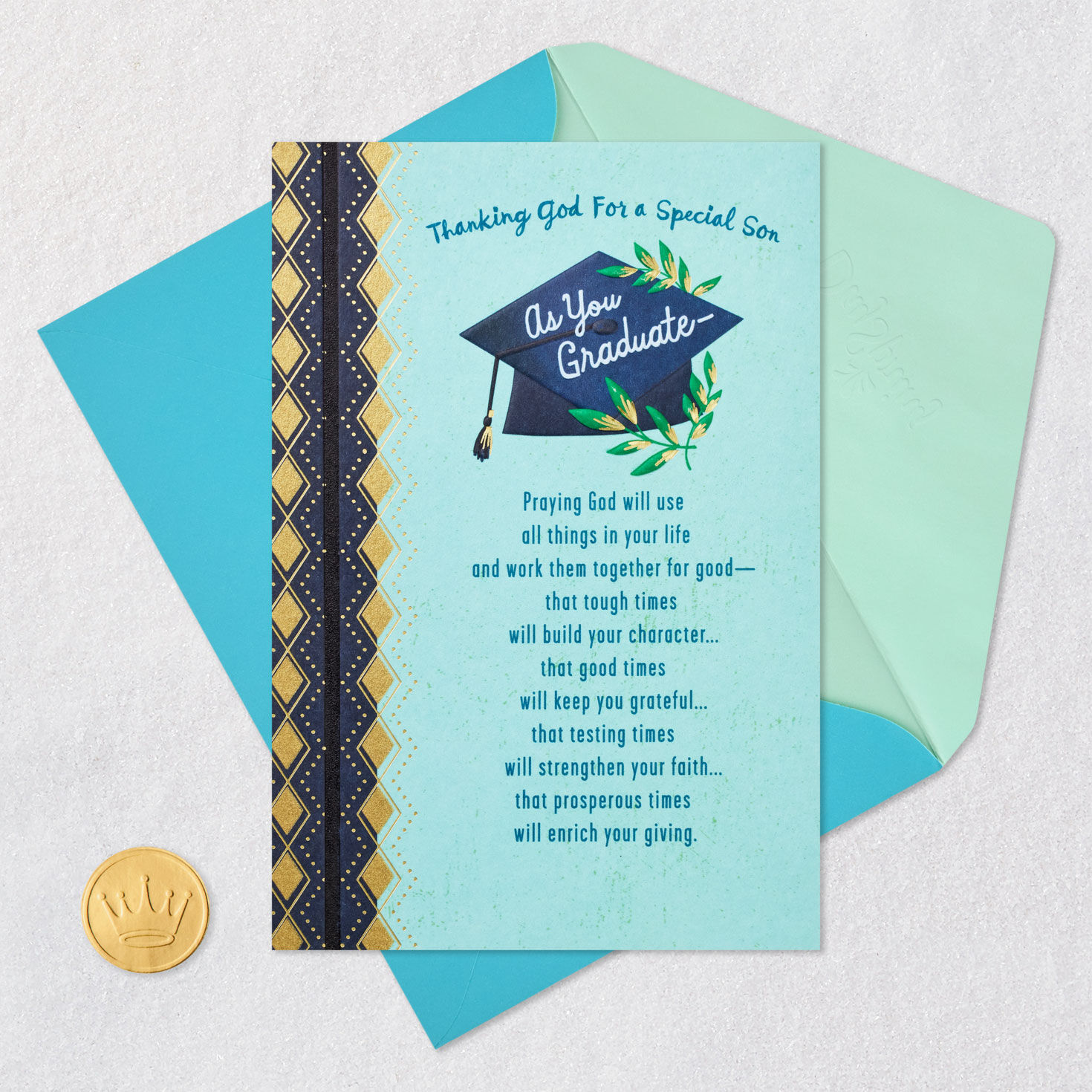 Blue Grad Cap with Leaves Religious Graduation Card Card Front with Envelope and Gold Seal image number 6