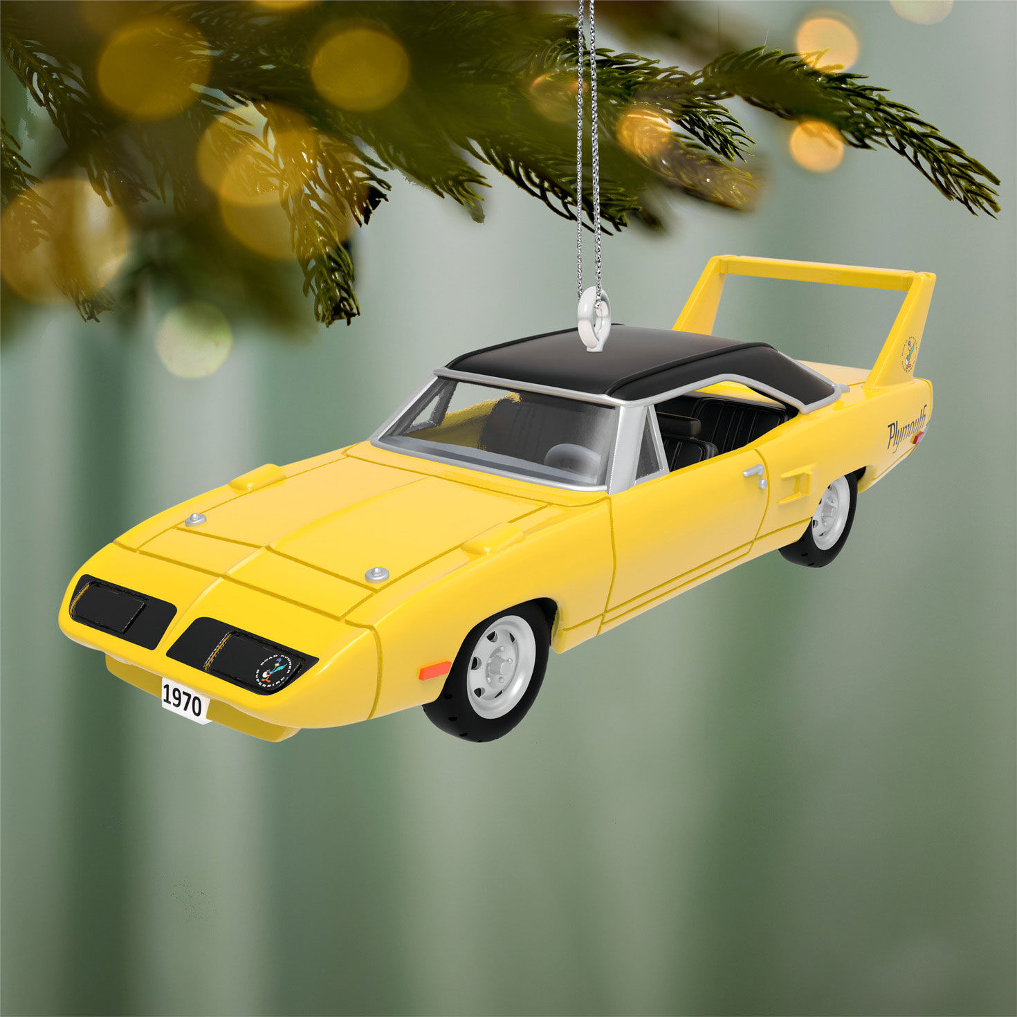 Yellow Vintage Plymouth Sports Car Keepsake Ornament hanging on tree image number 2