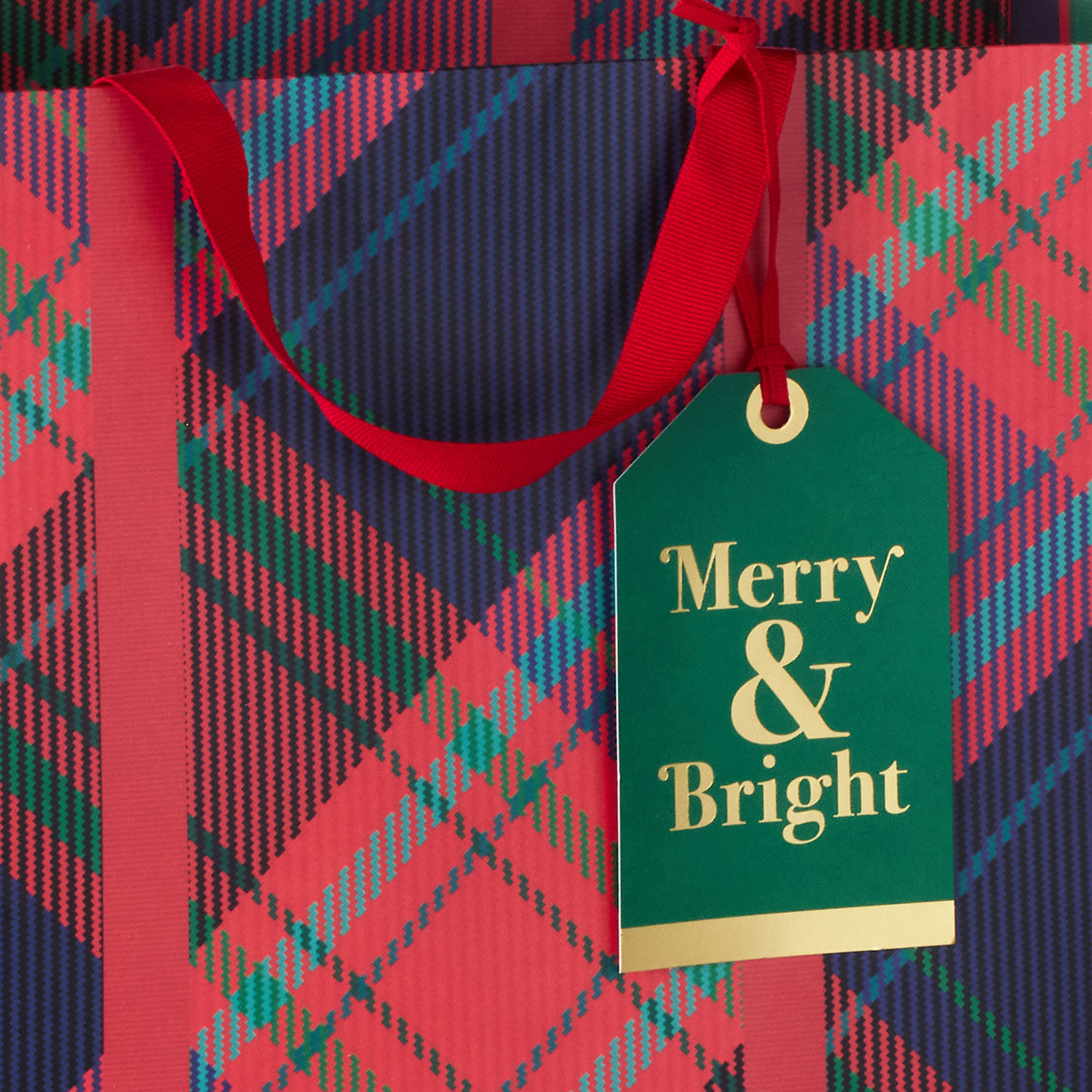 Red Plaid, Merry and Bright XL Holiday Gift Bag Handle Detail image number 4