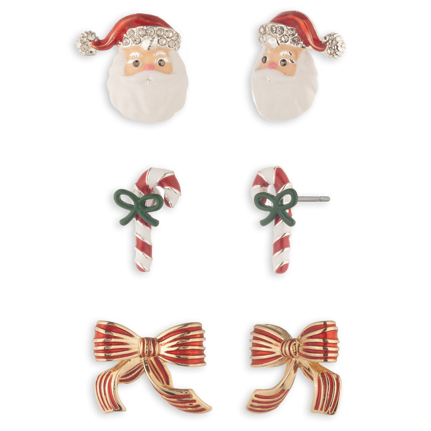 Hallmark Santa, Candy Cane and Bow Stud Earrings, Set of 3