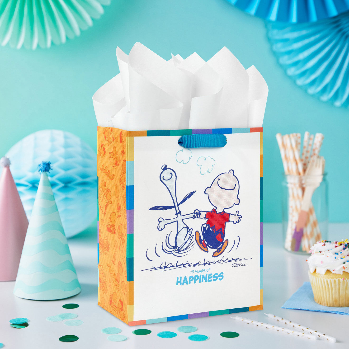 9.6" Peanuts® 75th Anniversary Happy Dance Medium Gift Bag for only USD 3.49 | Hallmark