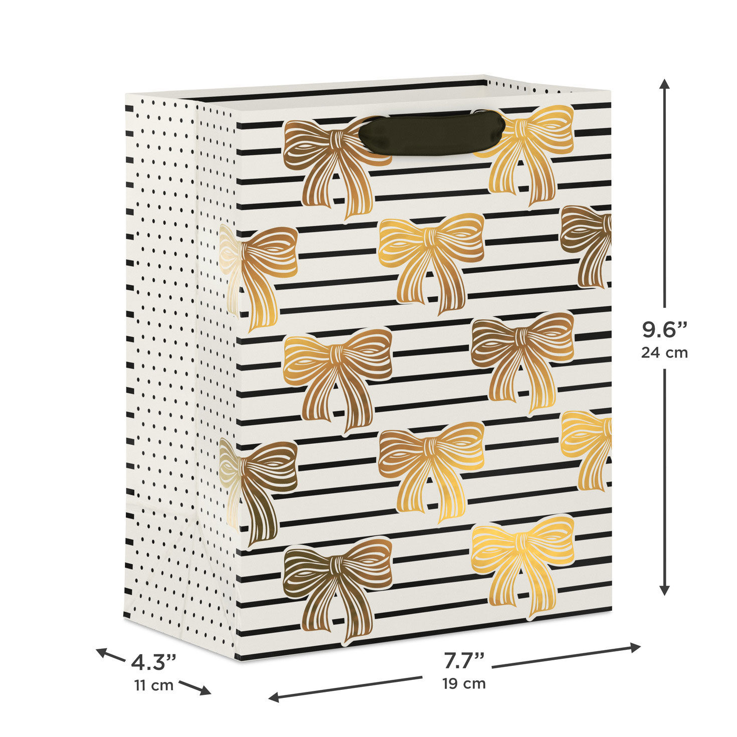 Shiny Gold Bows on Horizontal Stripes Medium Gift Bag measurement image number 3