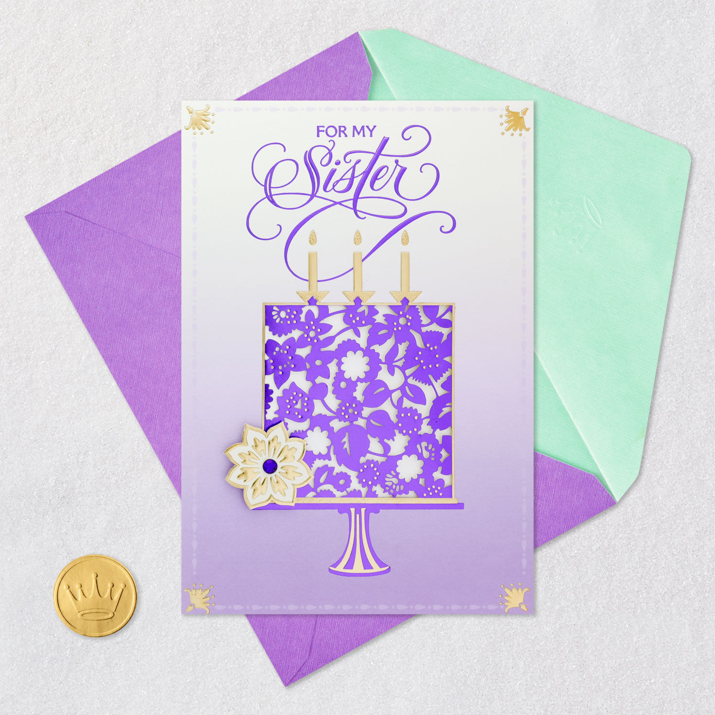 Floral Cake Sister Birthday Card Card Front with Envelope and Gold Seal image number 6