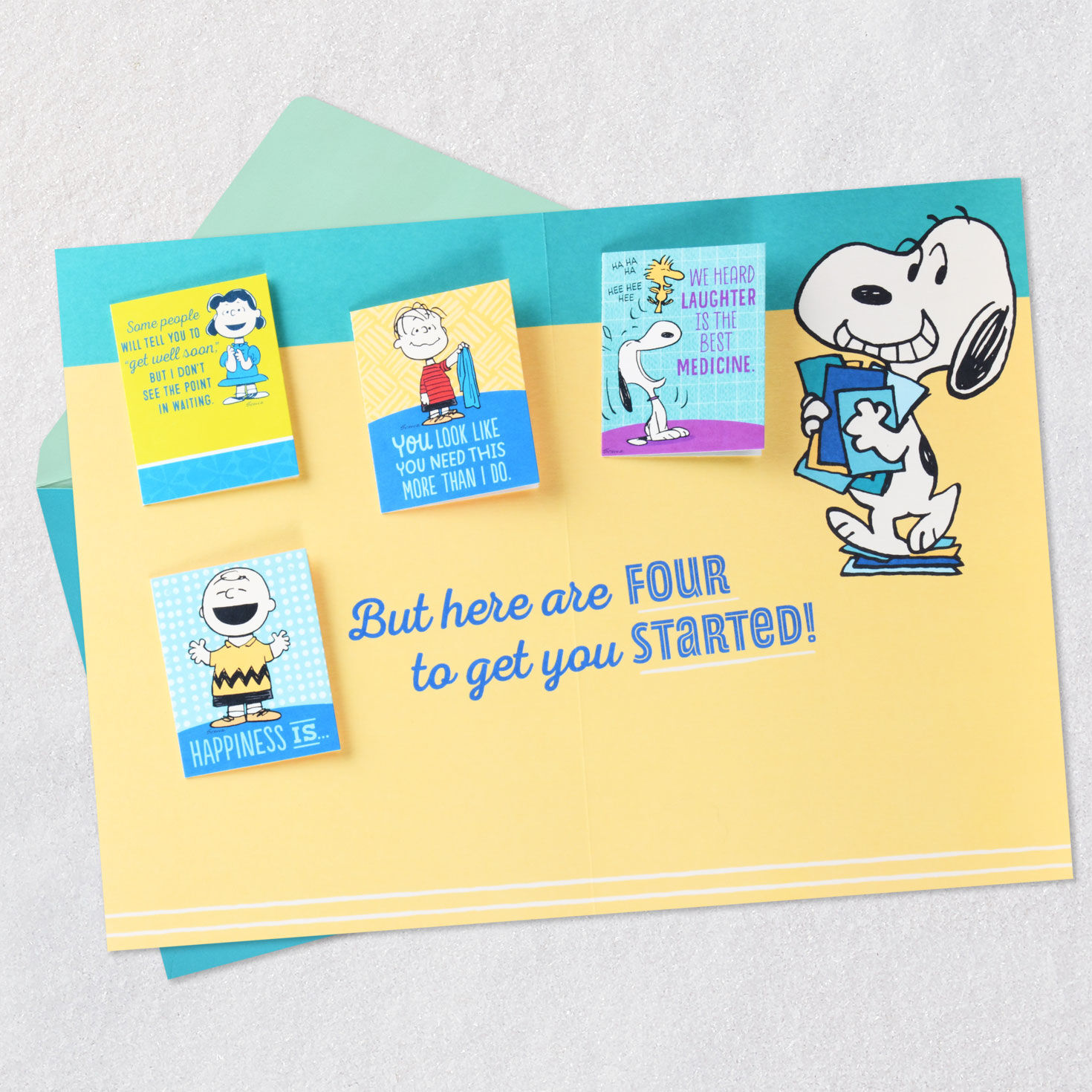 Snoopy on Green and Yellow Get Well Card Open card with envelope image number 4