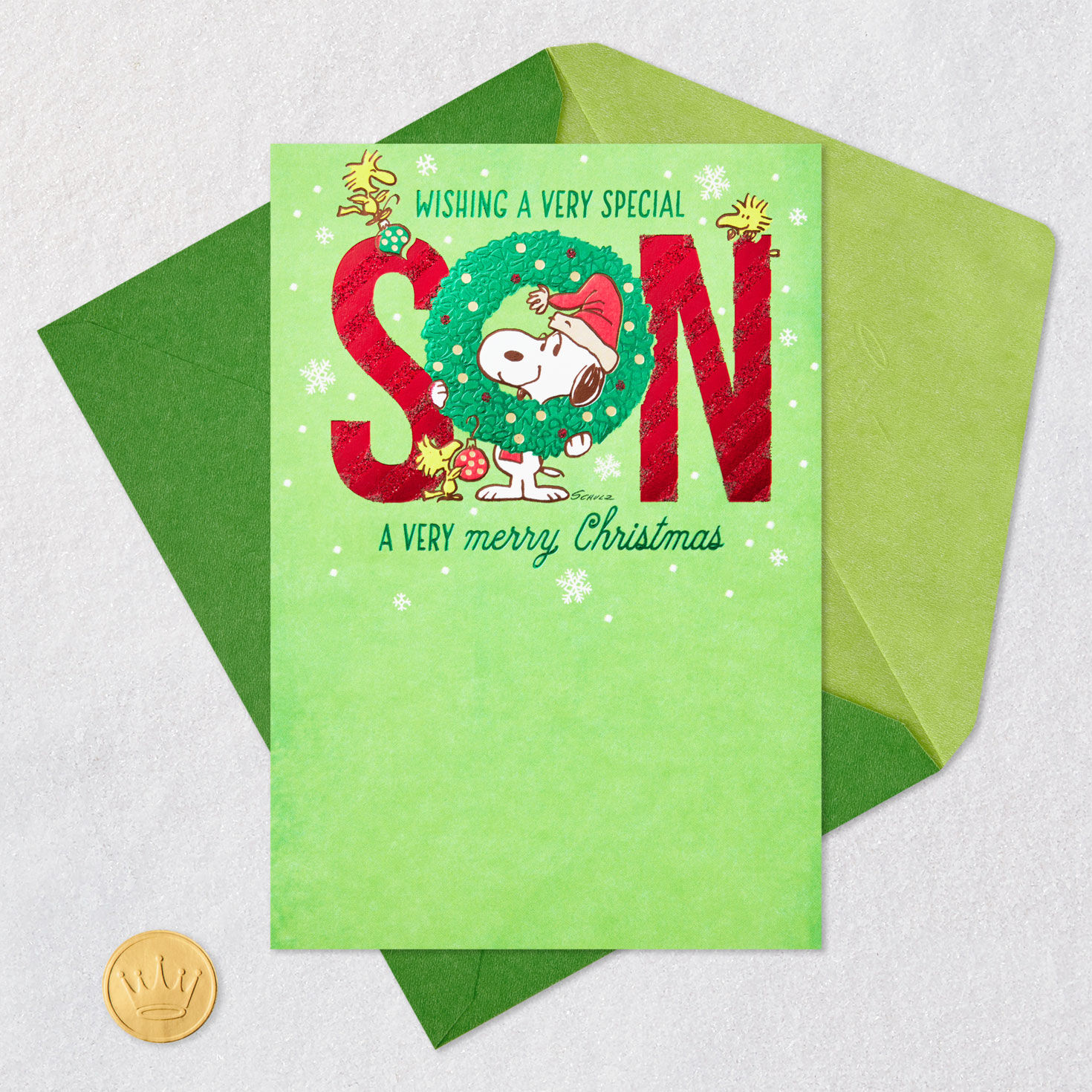 Peanuts&reg; Snoopy and Woodstock in Wreath Christmas Card for Son, , large image number 6