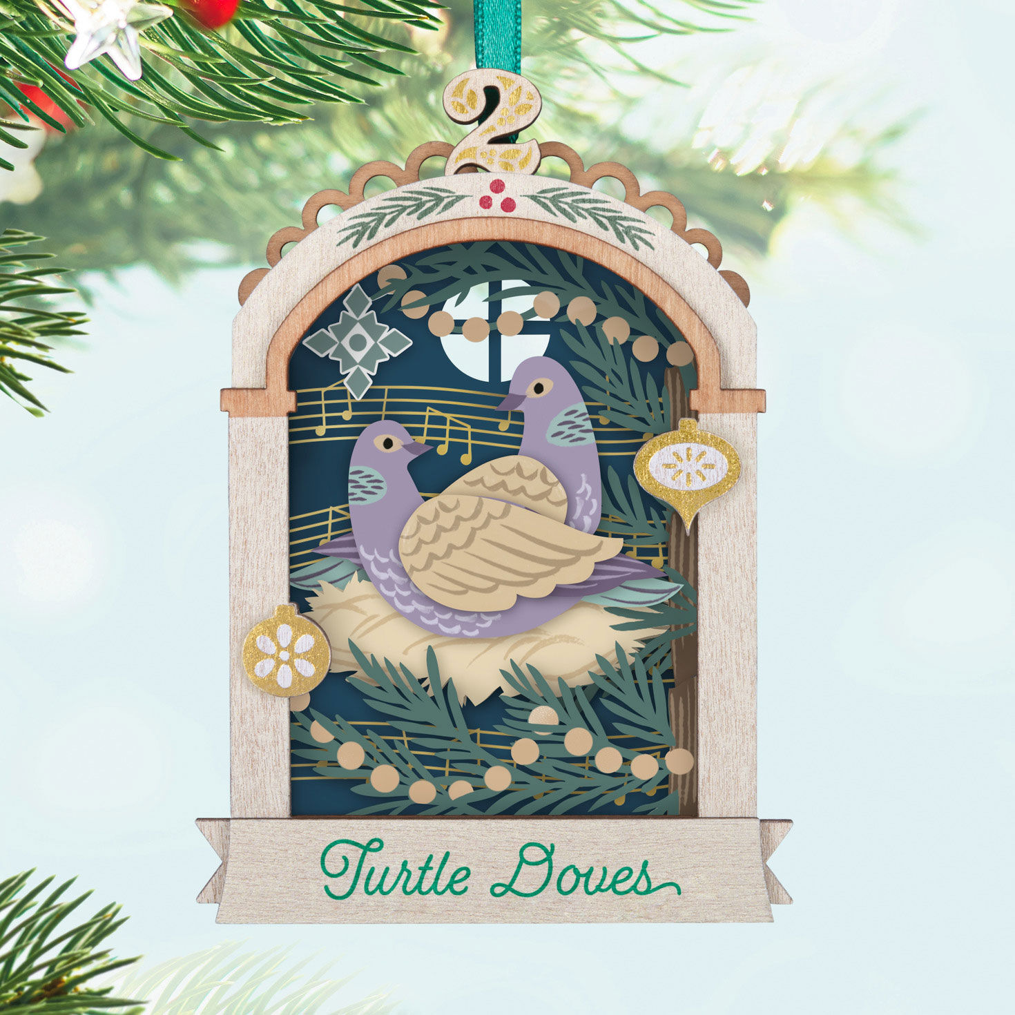Two Turtle Doves Keepsake Ornament Hanging on tree image number 2