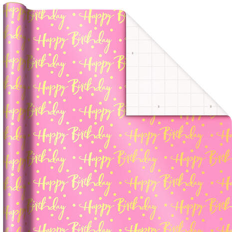 Pink Foil Happy Birthday Wrapping Paper Roll, 15 sq. ft., , large