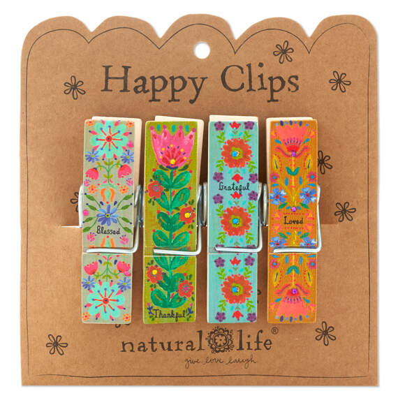 Natural Life Thankful Blessed Floral Happy Clips, Set of 4