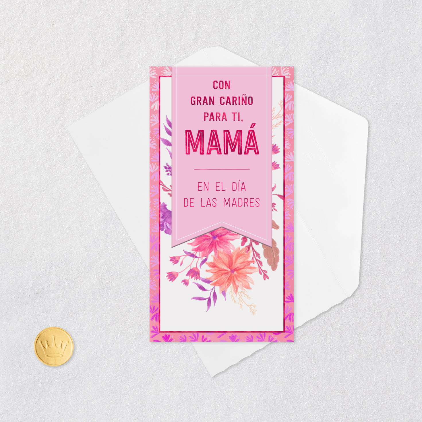 Pink Flowers Spanish Mother's Day Card for Mom Card Front with Envelope and Gold Seal image number 5
