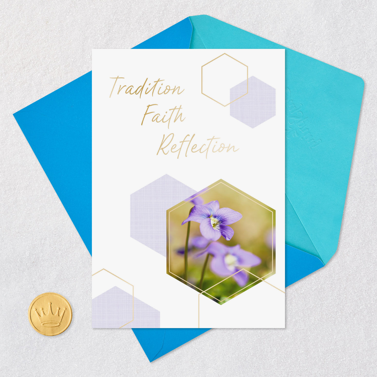 Purple Flowers and Gold Hexagons Passover Card Card Front with Envelope and Gold Seal image number 5
