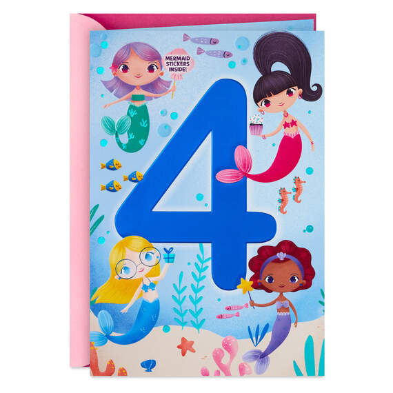 Mermaid Fun 4th Birthday Card With Stickers, , large image number 1