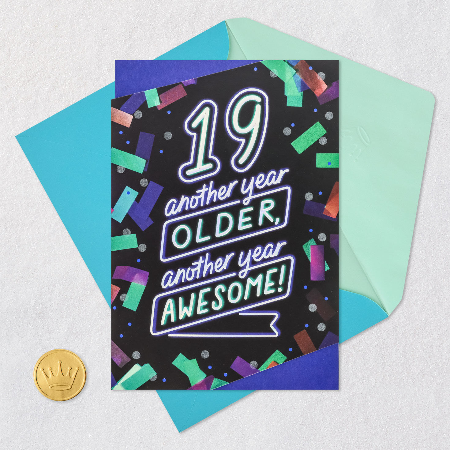 Black and Blue Neon Confetti 19th Birthday Card Card Front with Envelope and Gold Seal image number 5