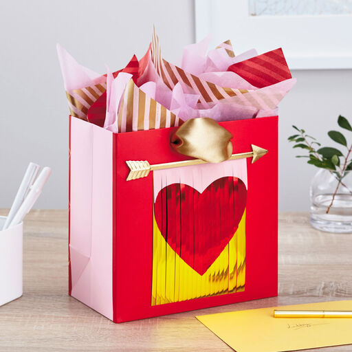 7.7" Heart Banner Medium Square Valentine's Day Gift Bag With Tissue Paper, 
