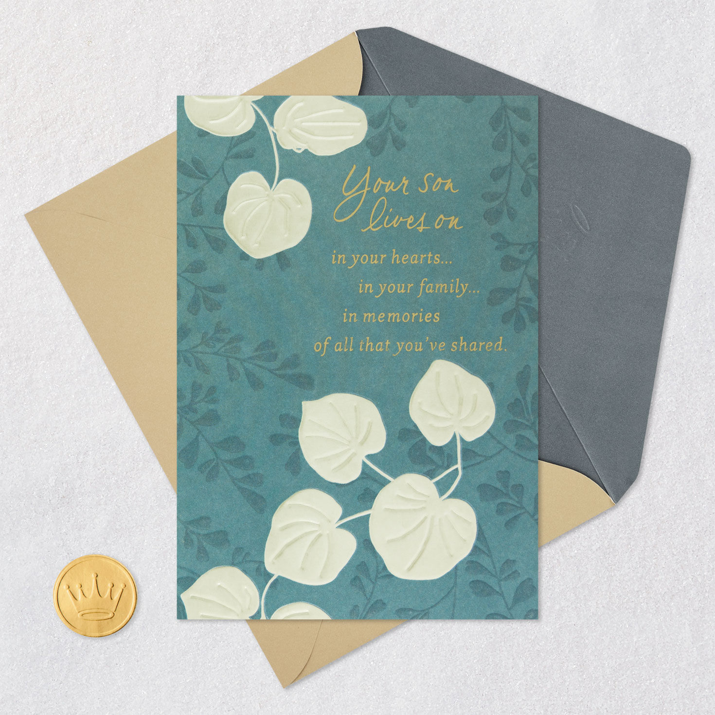 White Leaves on Green Son Sympathy Card Card Front with Envelope and Gold Seal image number 5