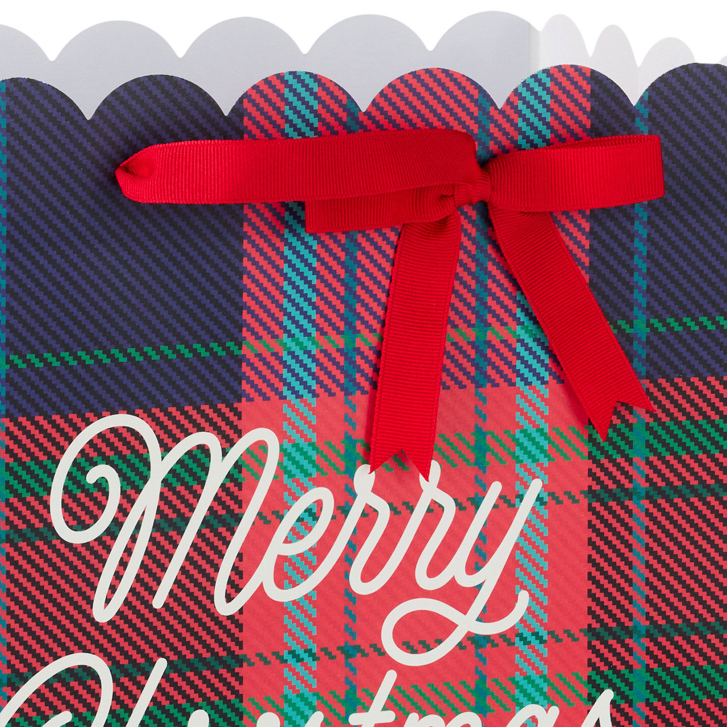 Scalloped Red Plaid Christmas Gift Bag with Ribbon Handle Detail image number 4