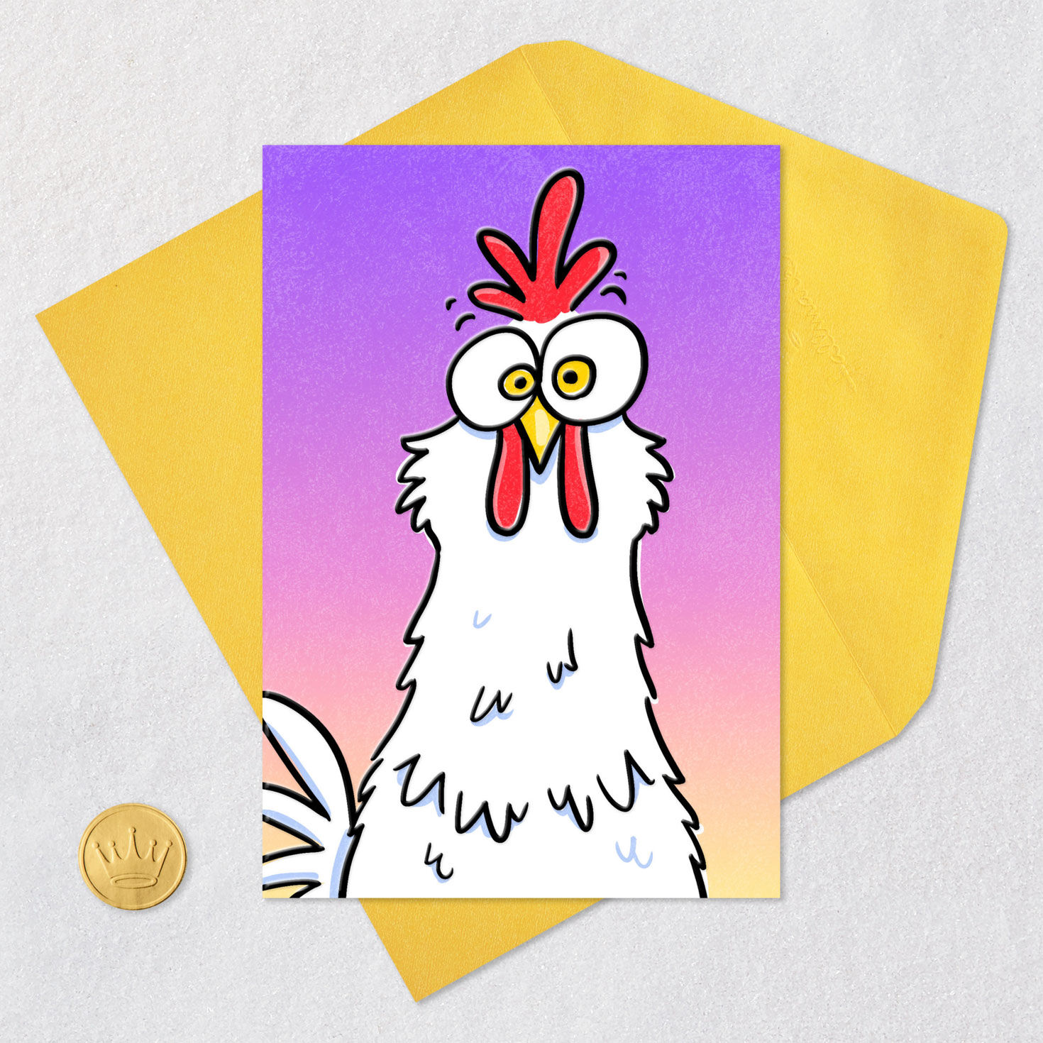 Startled Chicken on Purple Ombre Easter Card Card Front with Envelope and Gold Seal image number 5