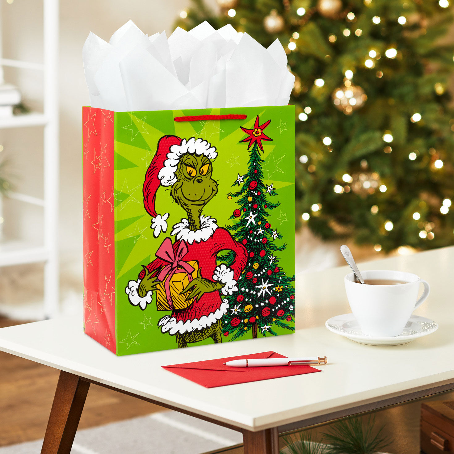 Grinch With Present Large Christmas Gift Bag in use image number 2