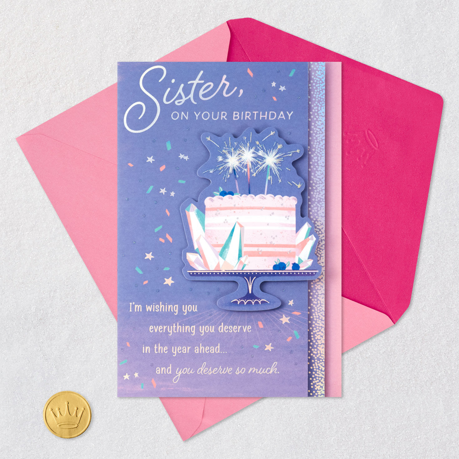 Sparkler-Topped Cake Sister Birthday Card Card Front with Envelope and Gold Seal image number 9