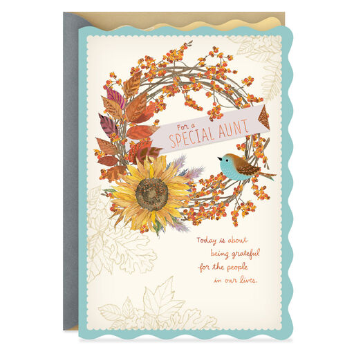 Sunflower Wreath Thanksgiving Card for Aunt, 