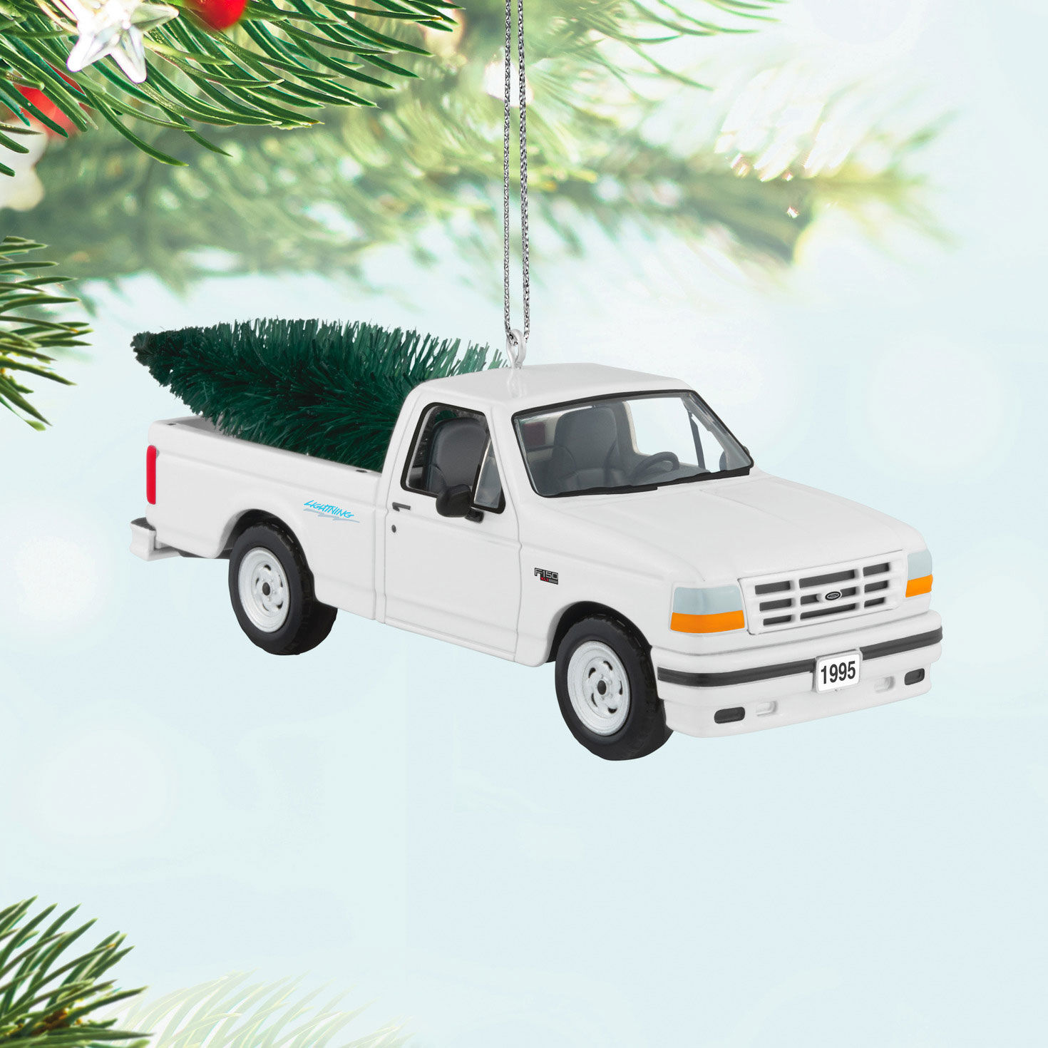 White Ford Pickup Truck With Tree Keepsake Ornament  image number 2