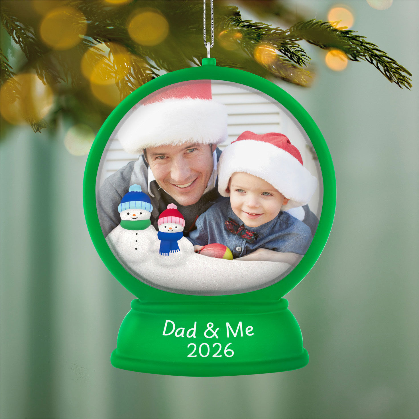 Dad and Me Green Snow Globe Frame Keepsake Ornament hanging on tree image number 2