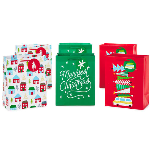 9.6" Assorted Bright and Festive 6-Pack Medium Christmas Gift Bags, 