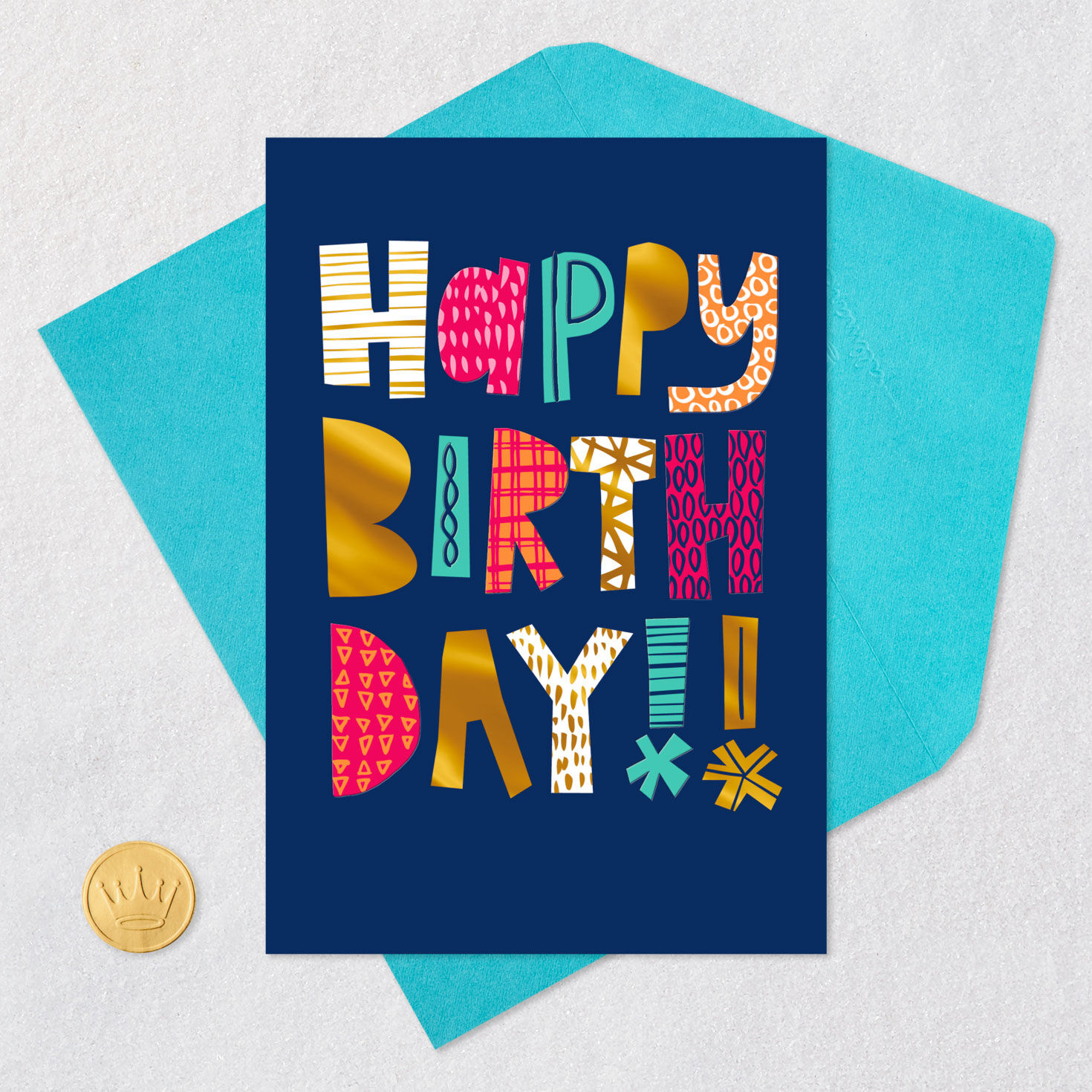 Colorful Lettering on Blue Happy Birthday Card Card Front with Envelope and Gold Seal image number 5
