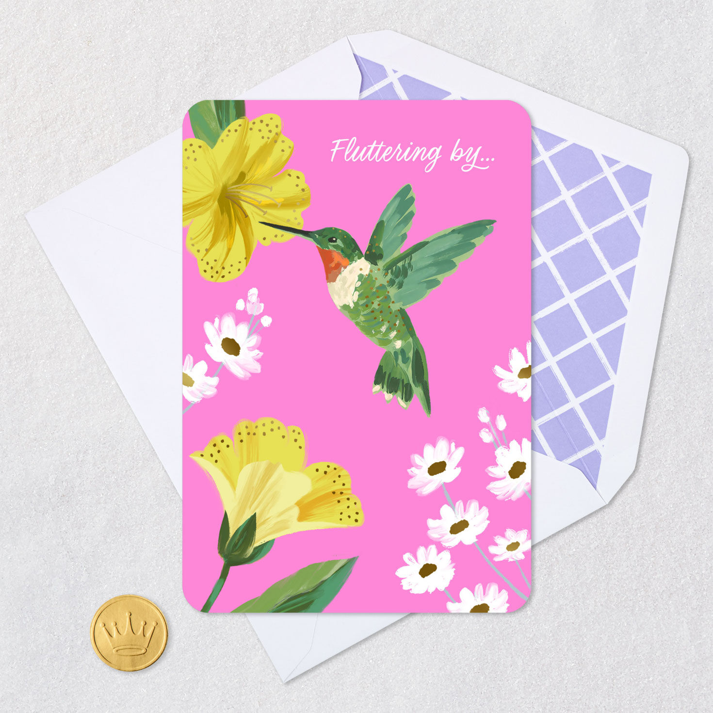 Green Hummingbird on Pink Floral Thinking of You Card Card Front with Envelope and Gold Seal image number 5