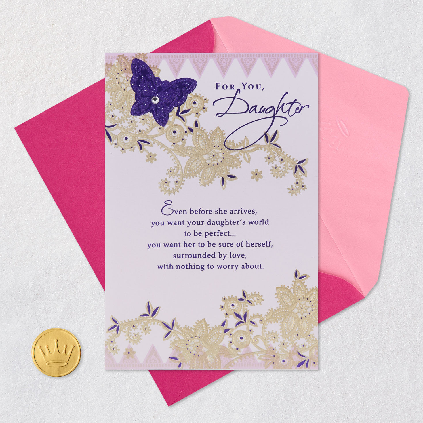 Flowers and Butterfly Birthday Card for Daughter Card Front with Envelope and Gold Seal image number 6