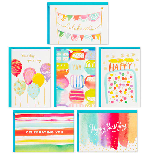 Assorted Bright Watercolor Boxed Birthday Note Cards, Pack of 36, 