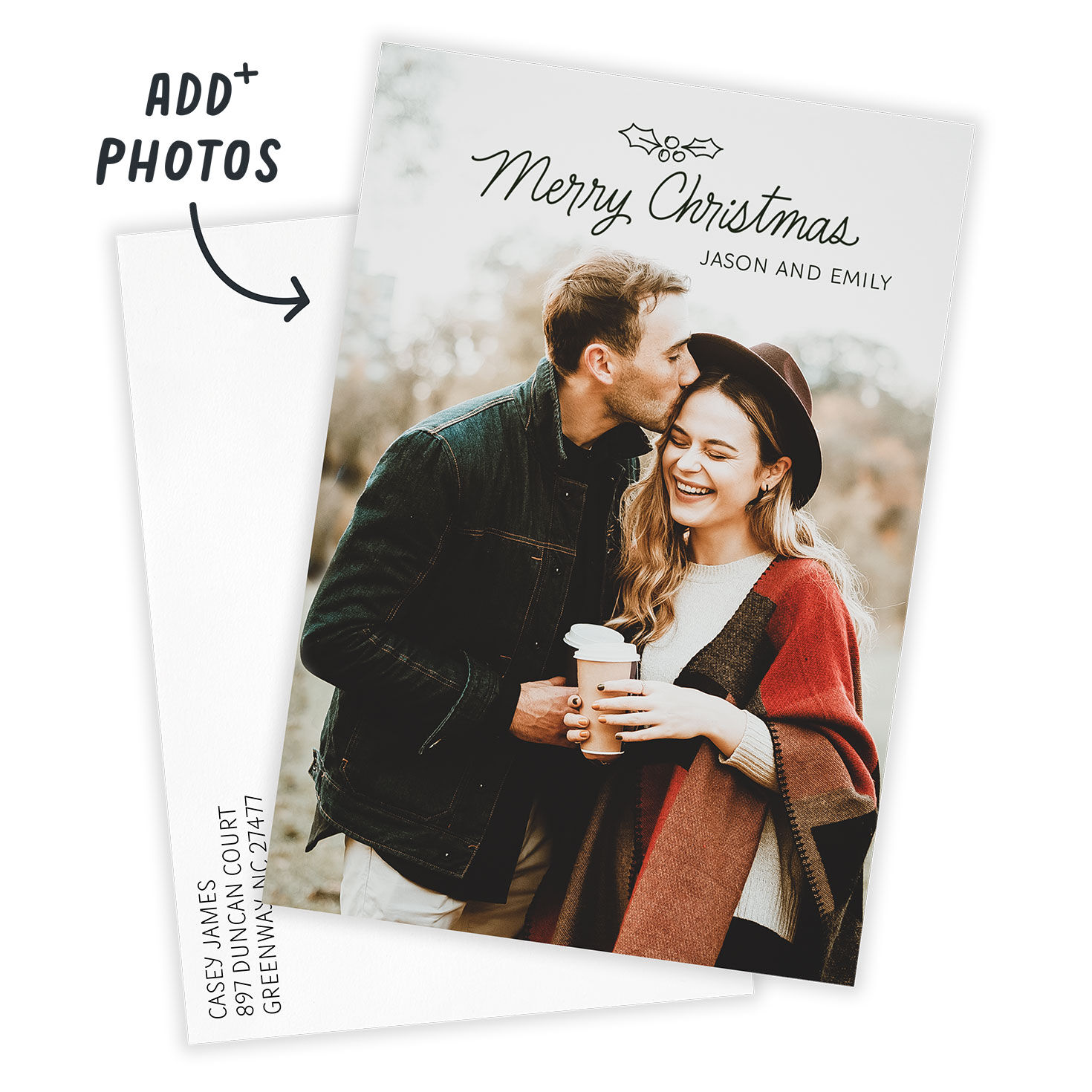 Holly Line Art Personalized Christmas Photo Card Card Front indicating personalization image number 2