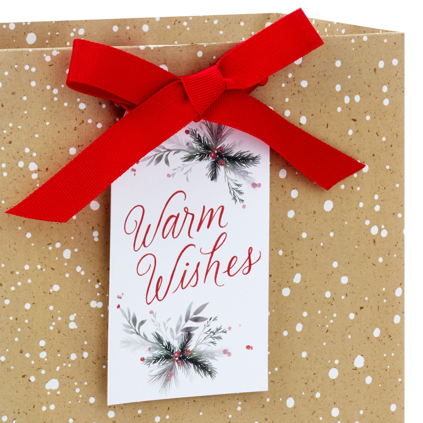 Snow-Speckled Kraft Paper Medium Holiday Gift Bag Handle Detail image number 4