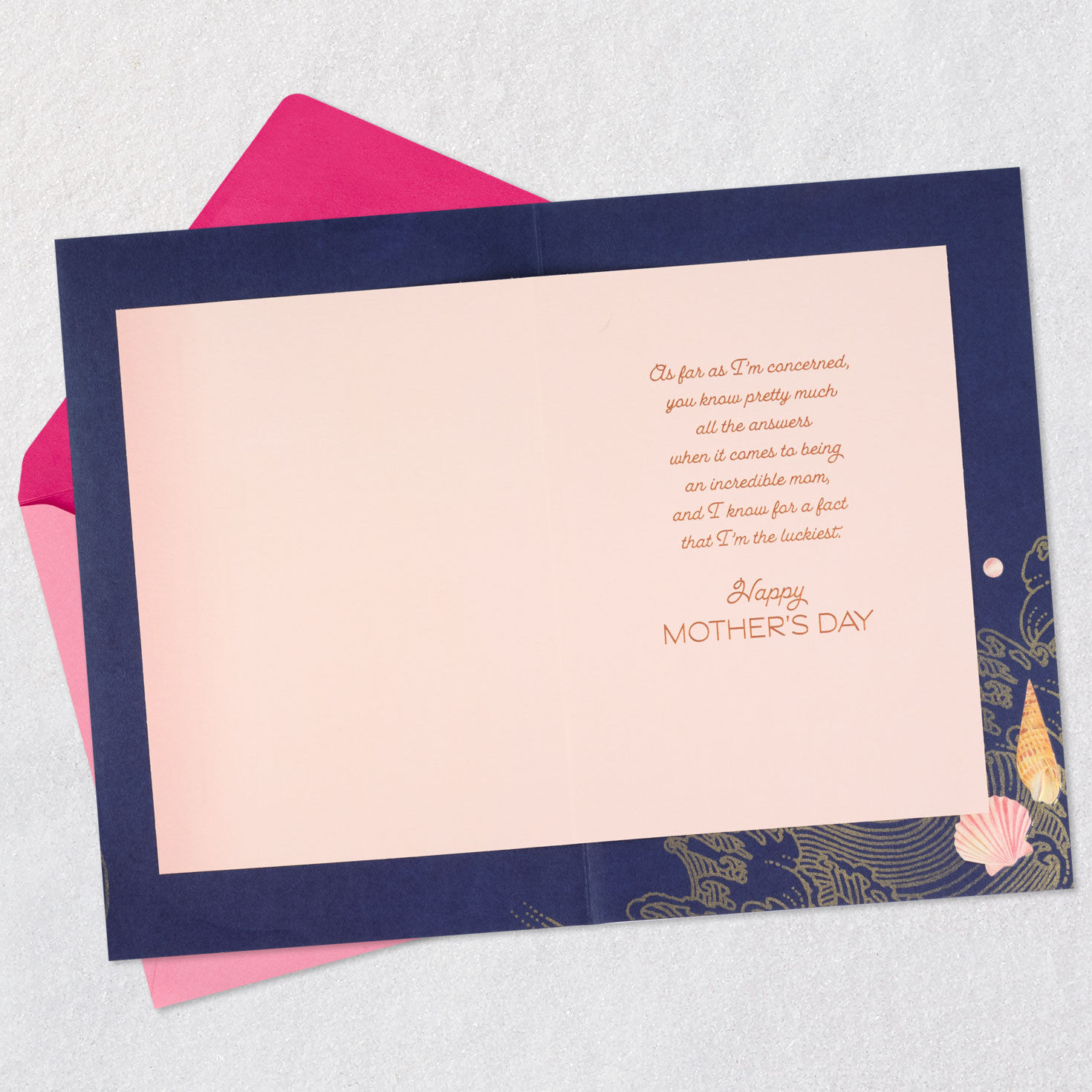 Waves and Shells on Navy Mother's Day Card for Mom Open card with envelope image number 3
