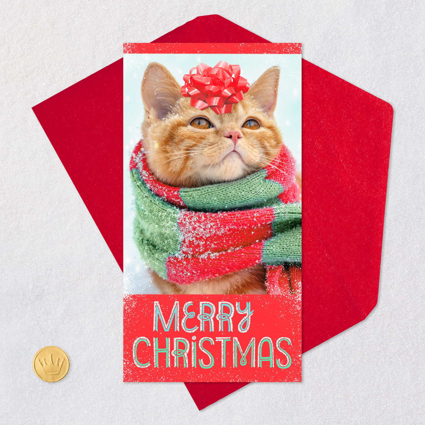 Cat in Scarf and Bow Christmas Money Holder Card Card Front with Envelope and Gold Seal image number 6