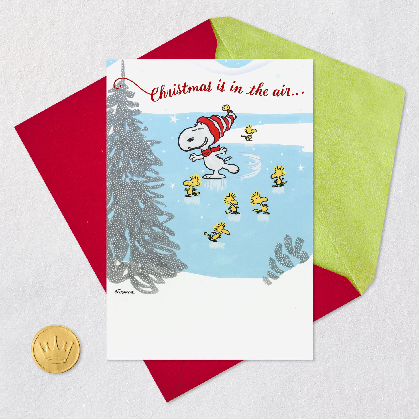 Snoopy Ice Skating Christmas Appreciation Card Card Front with Envelope and Gold Seal image number 5