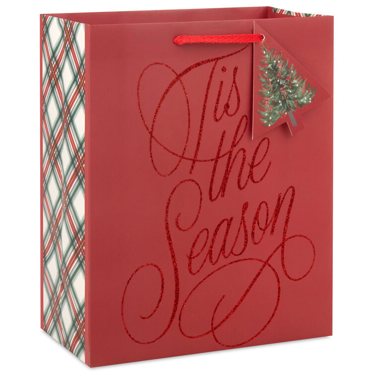 9.6" Glittery Tis the Season on Dark Red Medium Holiday Gift Bag