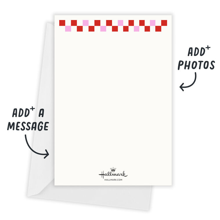 Red Pink Checkered Border Personalized Christmas Card Card back with Envelope indicating personalization image number 3