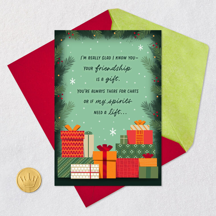 Red, Green and Orange Presents Christmas Card for Friend Card Front with Envelope and Gold Seal image number 5