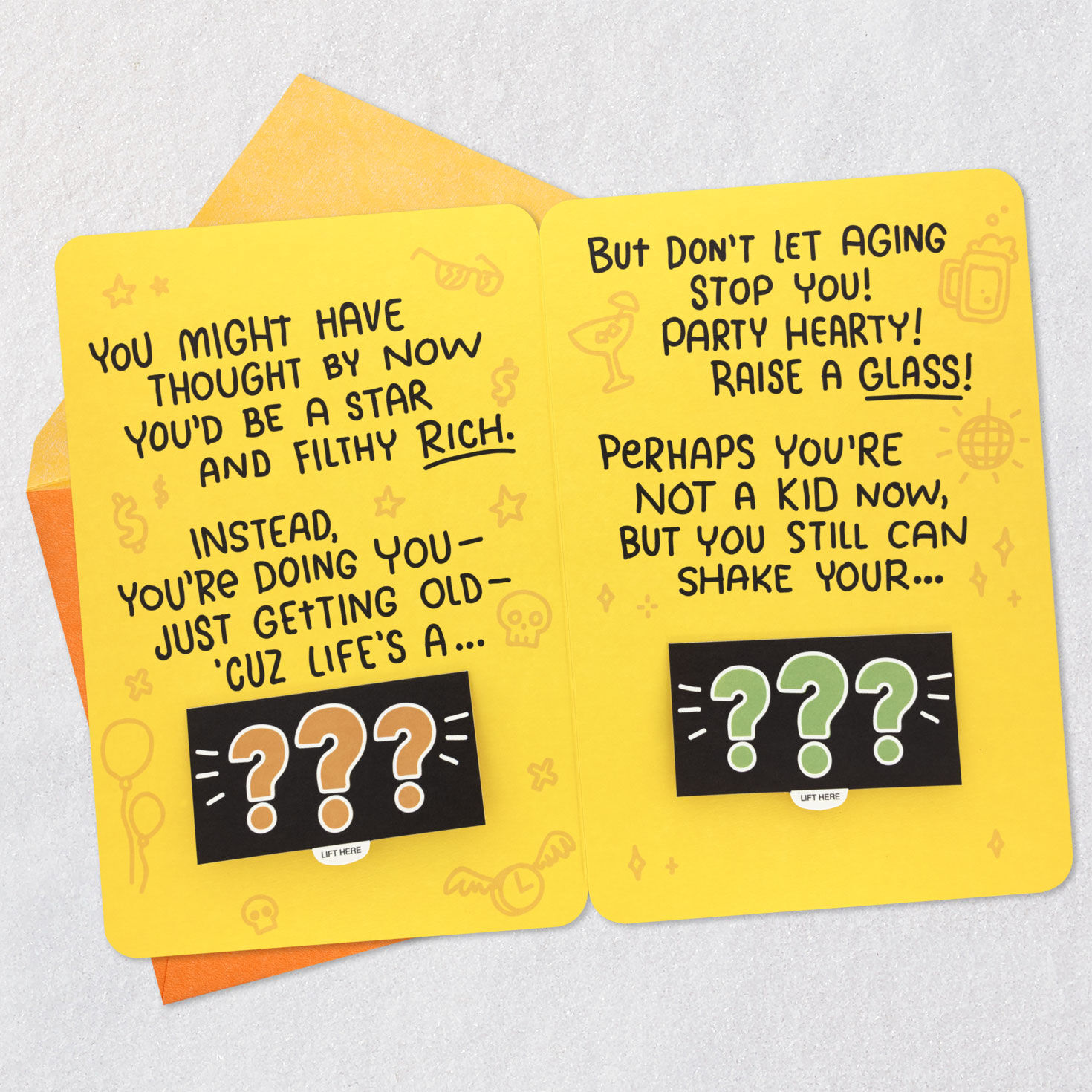Yellow Birthday Icons Lift-the-Flap Birthday Card Open card with envelope image number 4