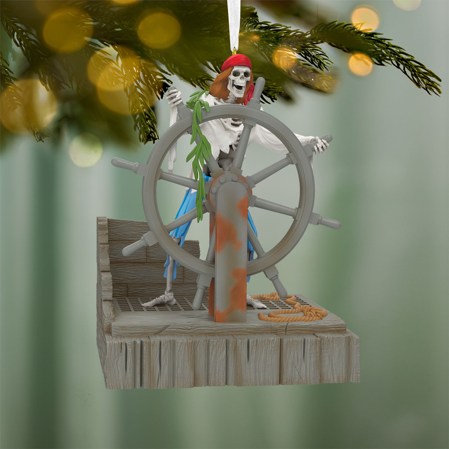 Pirates of Caribbean Skeleton at Ship Wheel Ornament hanging on tree image number 2