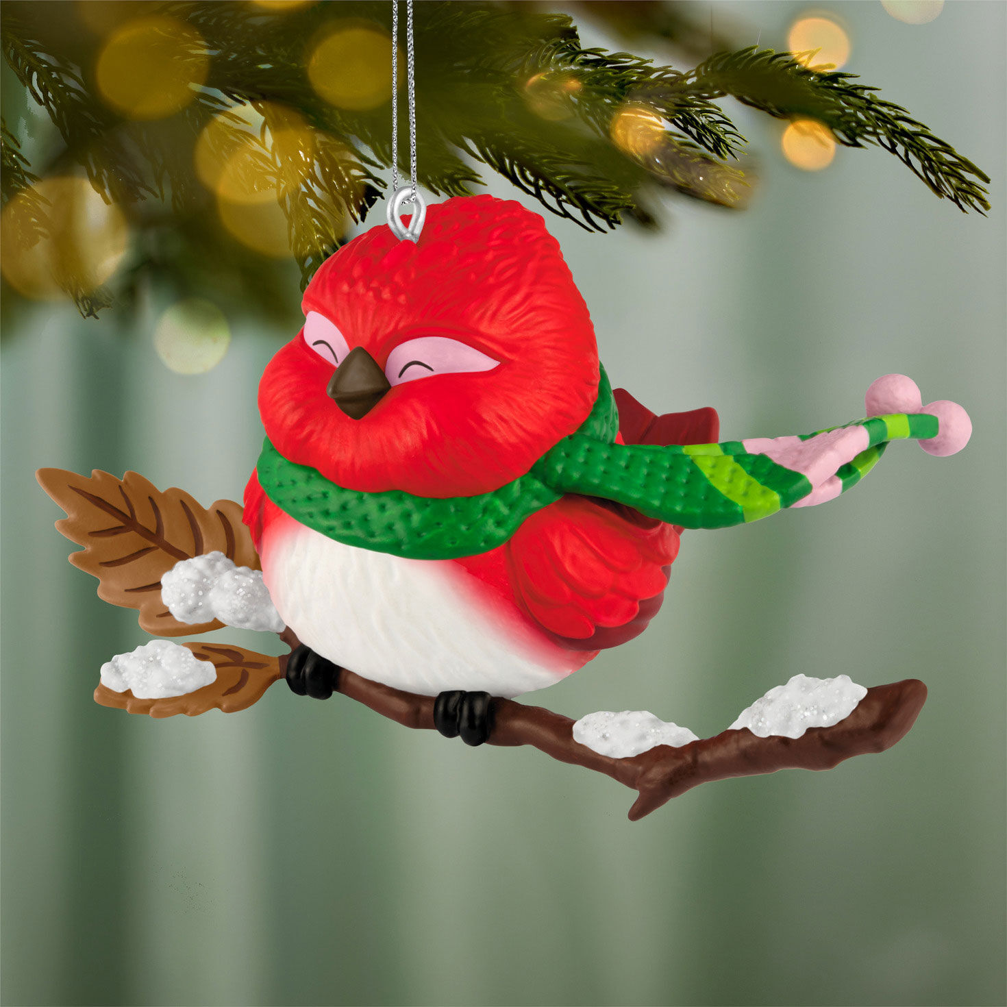 Red Bird With Green Scarf Keepsake Ornament hanging on tree image number 2