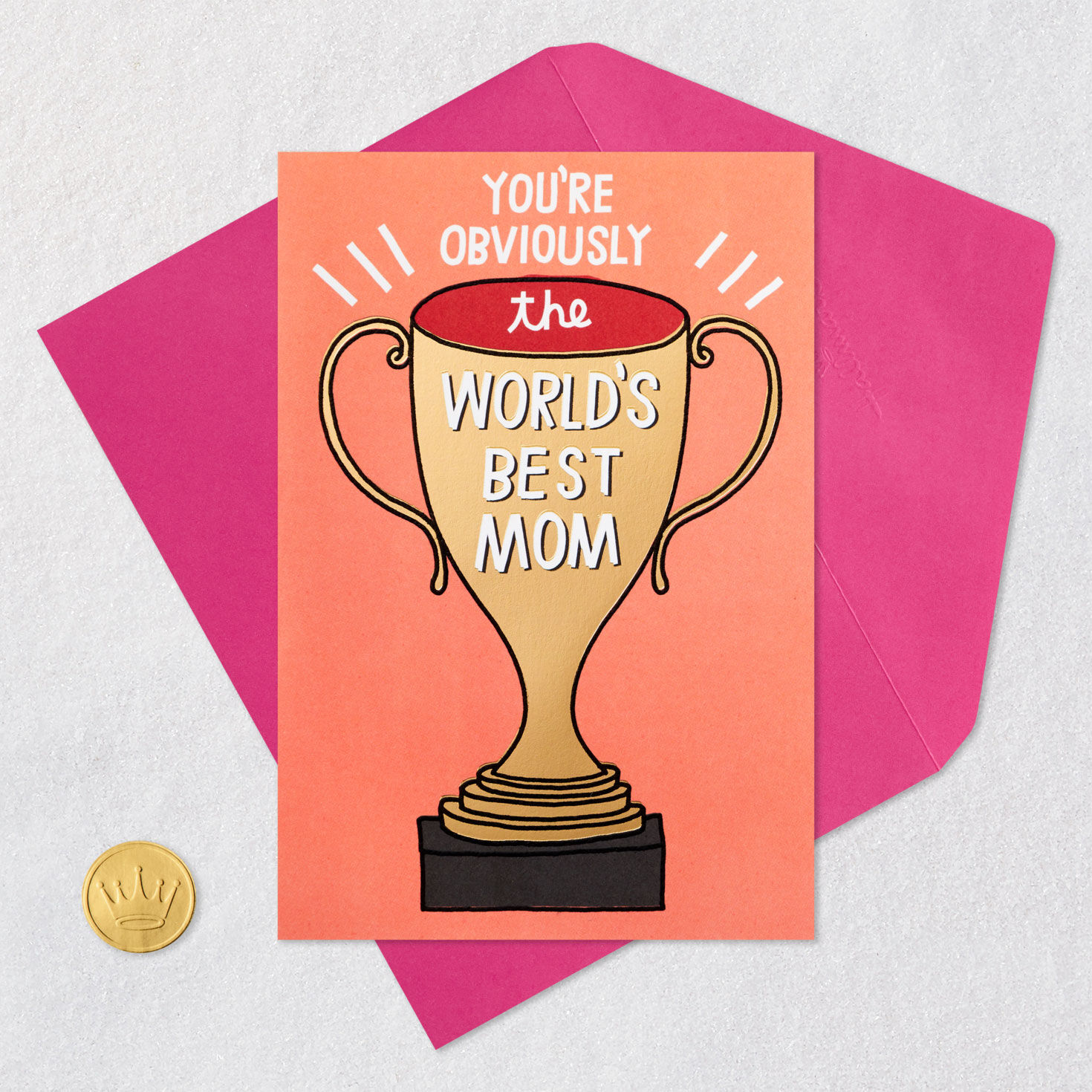 Gold Trophy Cartoon on Peach Mother's Day Card Card Front with Envelope and Gold Seal image number 5