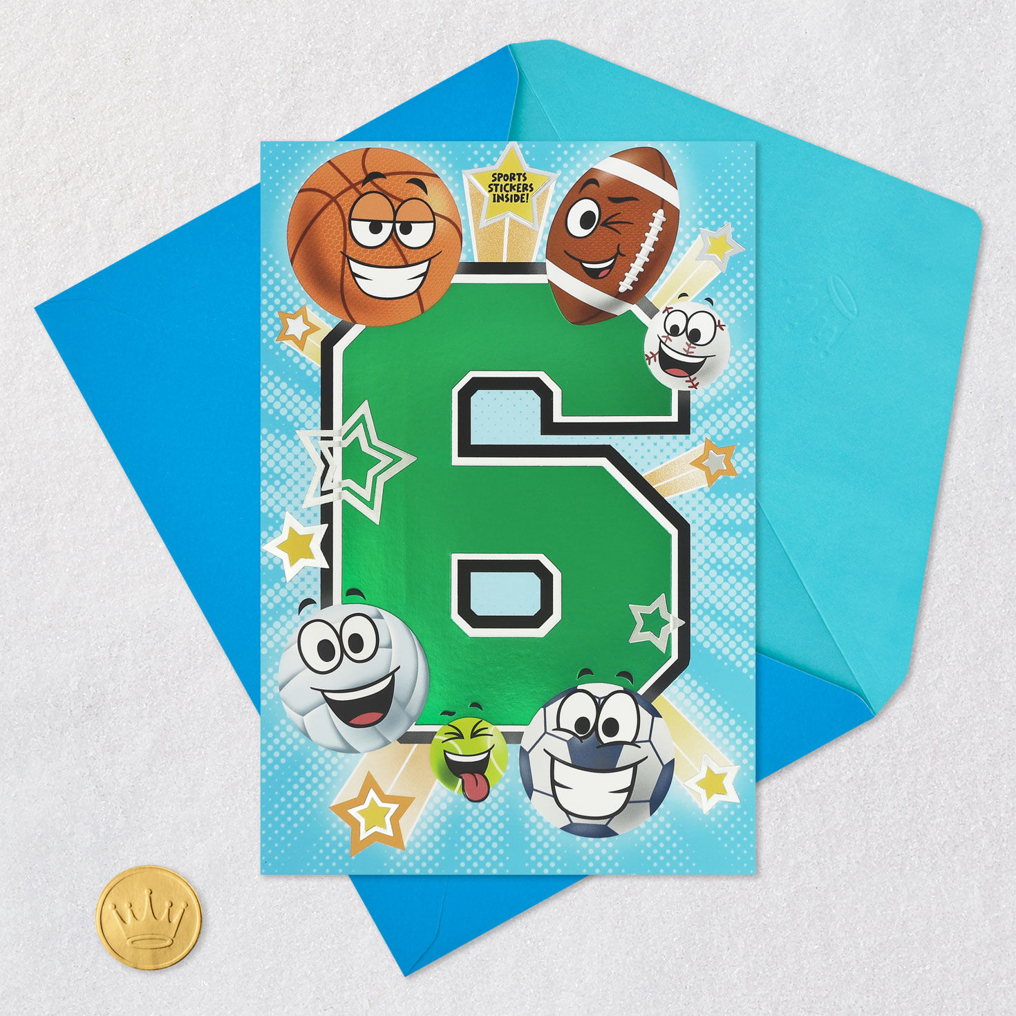 Baseball, Football, Basketball and Soccer Ball 6th Birthday Card Card Front with Envelope and Gold Seal image number 6