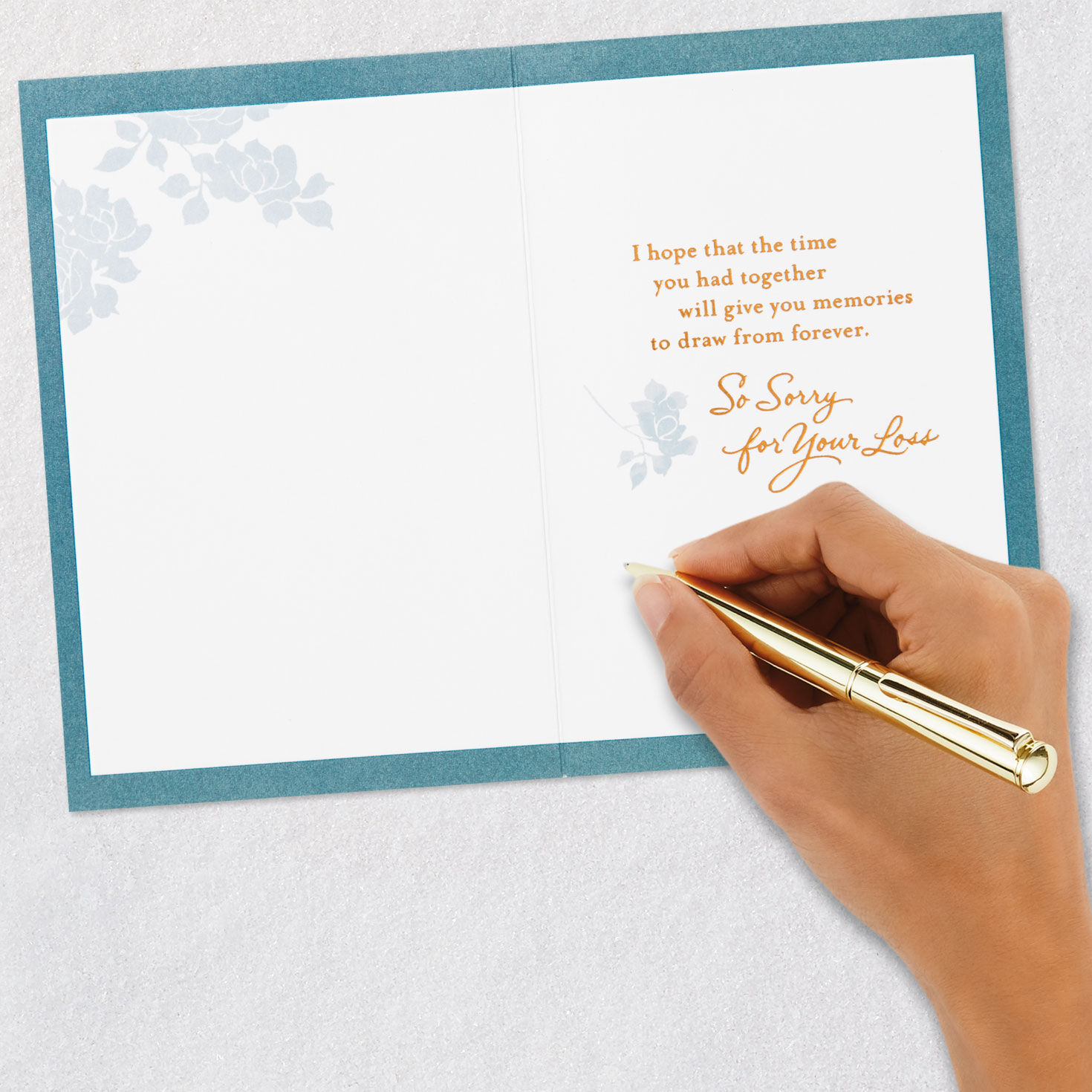 Bronze with Blue Flowers Spouse Sympathy Card signing card image number 6