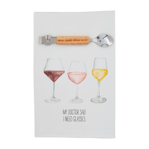 Mud Pie Wine Glasses Tea Towel and Bar Tool, Set of 2, 