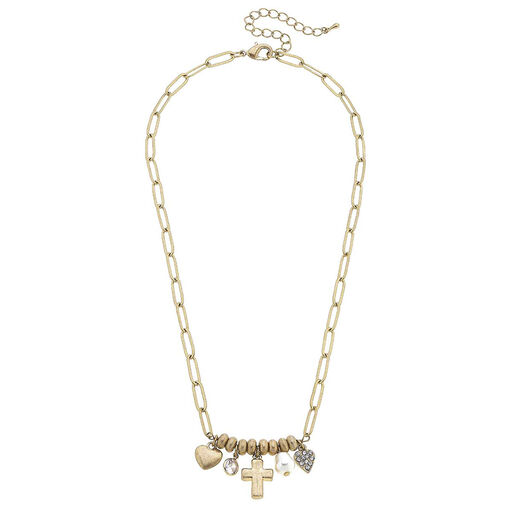 Worn Gold Cross and Heart Charms Necklace, 