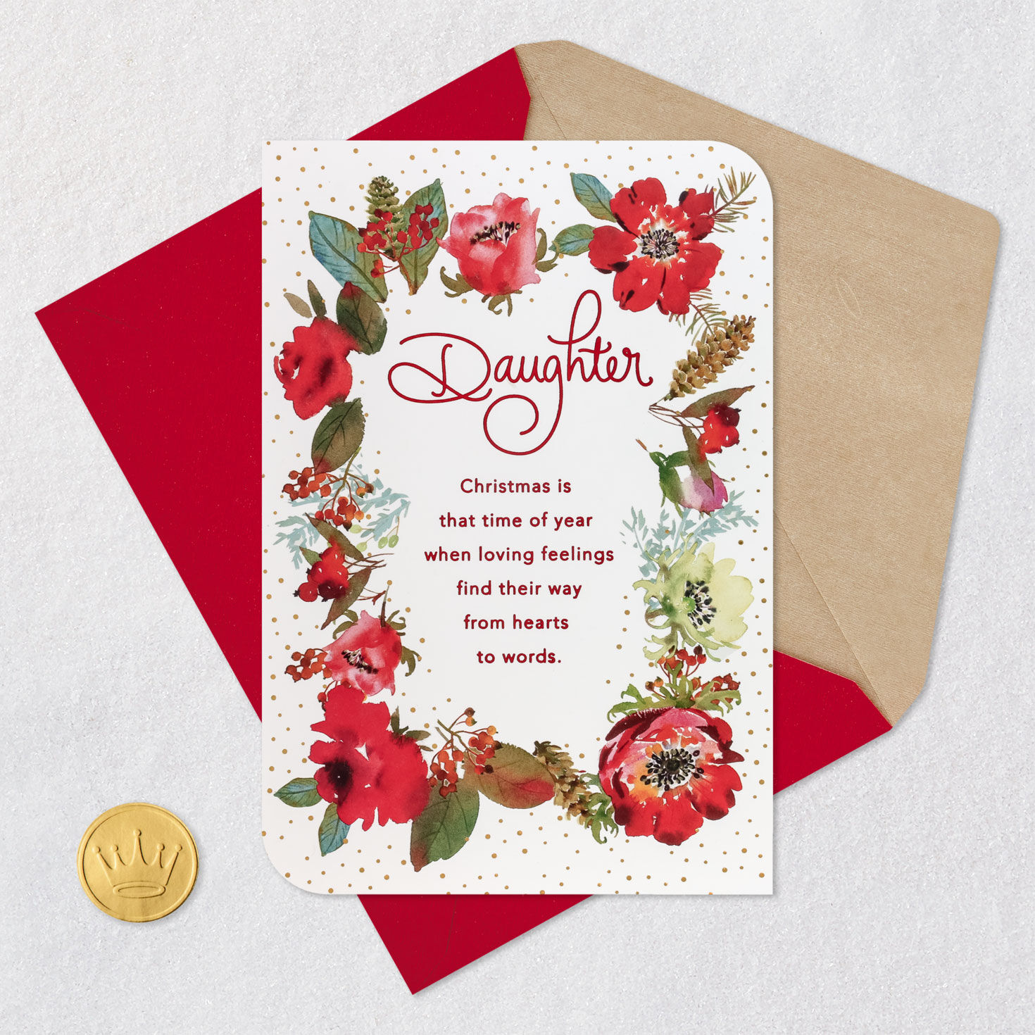 Red Floral Border Daughter Christmas Card Card Front with Envelope and Gold Seal image number 5