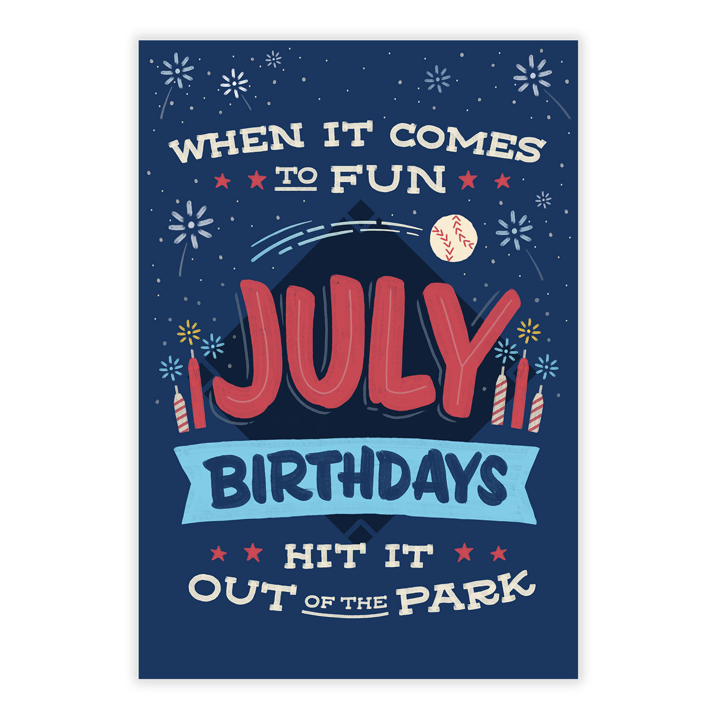 July Baseball Fireworks Personalized Birthday Card front image number 2
