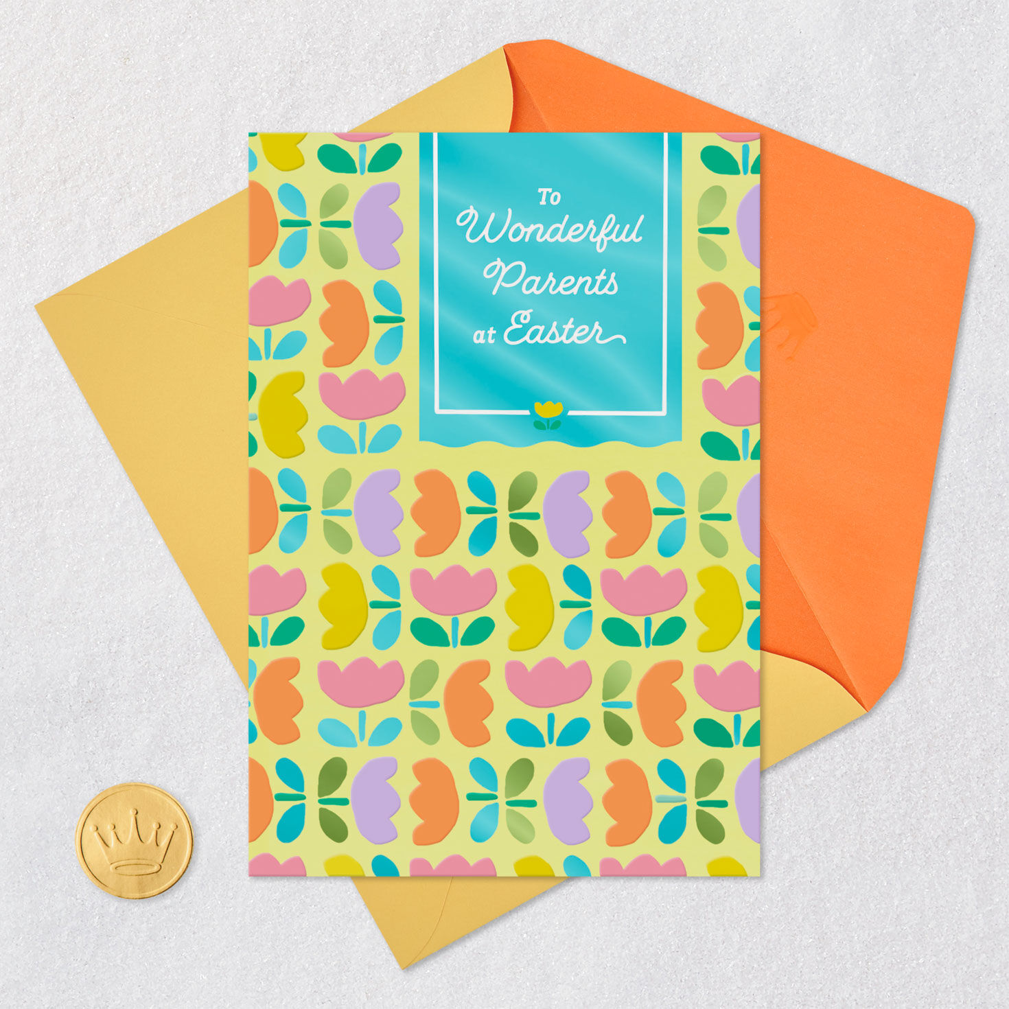 Abstract Tulips on Yellow Easter Card for Parents Card Front with Envelope and Gold Seal image number 5