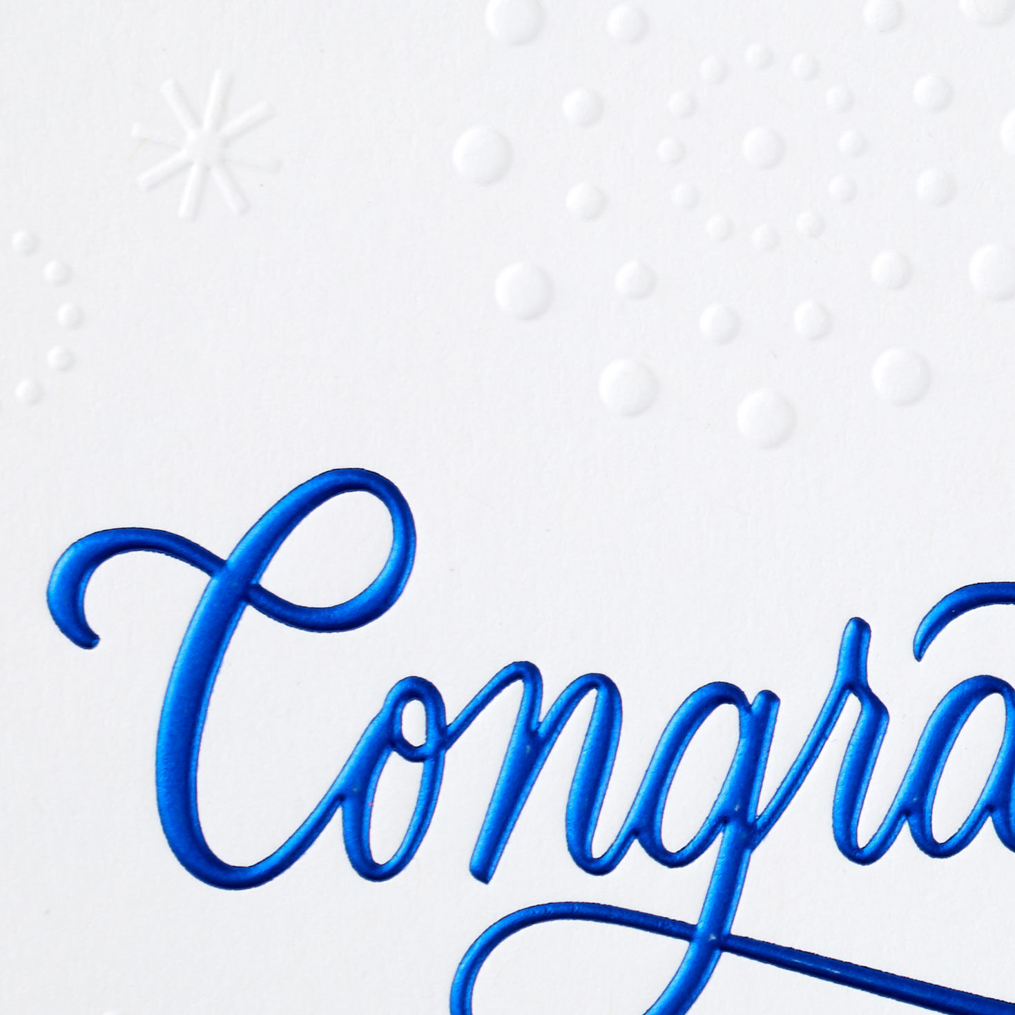 Blue Lettering With Bursts on White Graduation Card card front detail image number 4